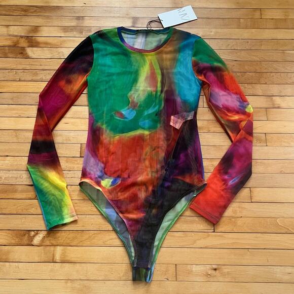 Zara Tops - Zara Mesh Multi-Color bodysuit Small NEW sheer long sleeve